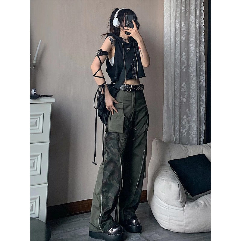 DND4DES original design deconstructed washed distressed straps loose straight army green camouflage pants overalls