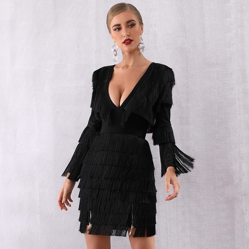 09 autumn new European and American style white tassel long sleeve sexy birthday cocktail dress bandage dress female