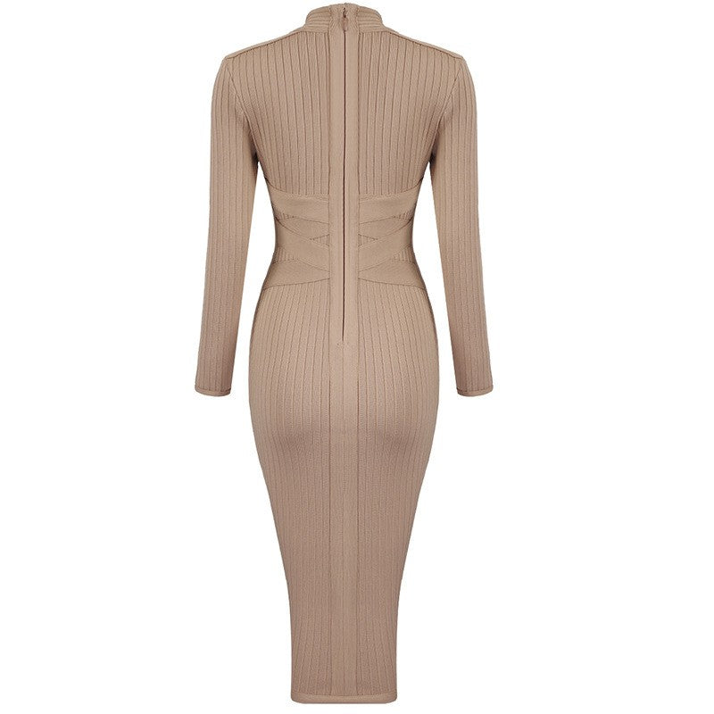 2024 new winter khaki long sleeve stand collar bandage dress feminine hip tight celebrity evening dress