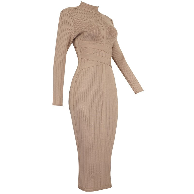 2019 Autumn and Winter Slim Stand Collar Striped Long Sleeve Waist Bandage Dress Purple Annual Meeting Host Dress Stretch Skirt