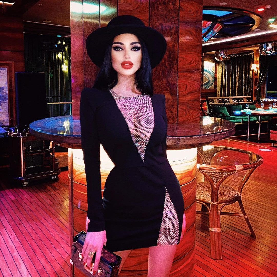 Niche deep V-neck long-sleeved sexy bandage dress Bandage Dress Nightclub toast star evening dress