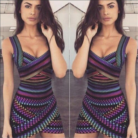 New Colorful Houndstooth Gold Stamping Bandage Dress Herve Leger Celebrity Birthday Cocktail Party Star Dress