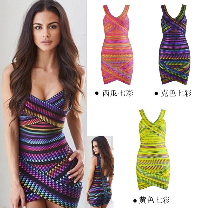 New Colorful Houndstooth Gold Stamping Bandage Dress Herve Leger Celebrity Birthday Cocktail Party Star Dress