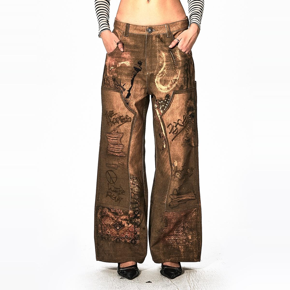 DND4DES digital print graffiti logging pants original design trousers deconstructed washed distressed overalls