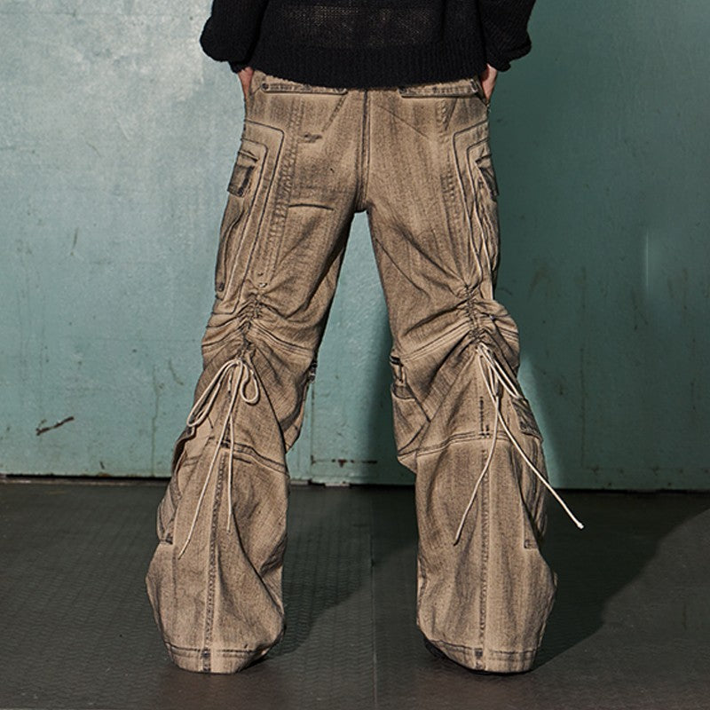 DND4DES Wang Yiheng's same American wasteland style drawstring old dirty dyed slightly flared loose cargo overalls