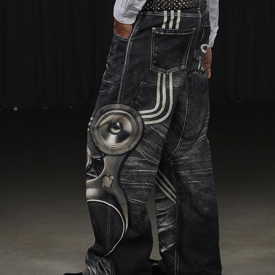 DND4DES &quot;Sound Pants&quot; original niche design printed electronic flared straight pants, the same style as Li Gengyun