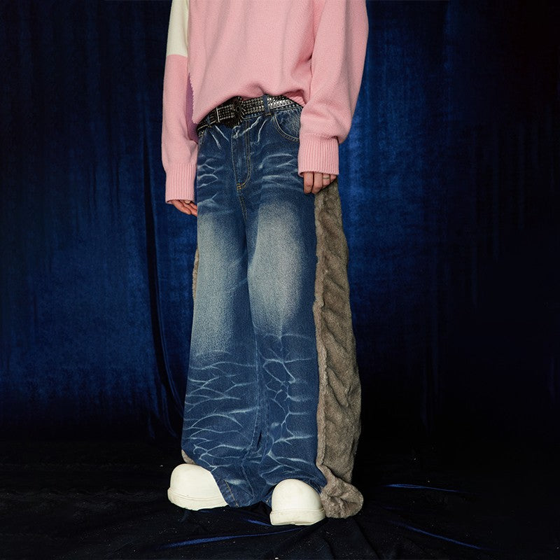 DND4DES Fan Chengcheng's original design, Yay2k, heavy washed, distressed plush stitching wide-leg jeans