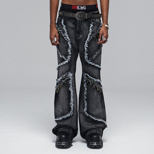 DND4DES American street retro deconstructed pull-on head heavy washed distressed tassel straight jeans