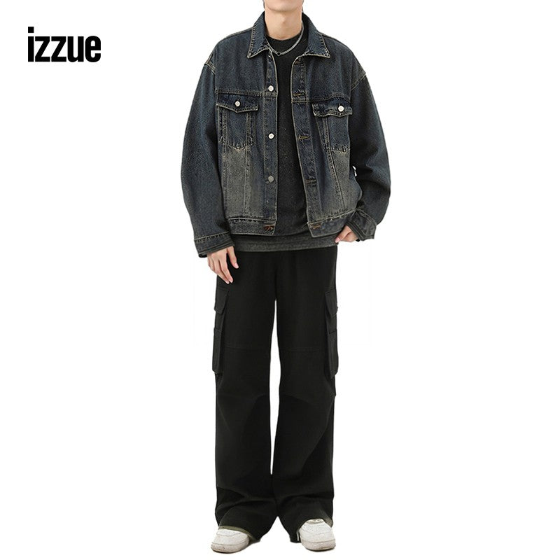 izzue men's overalls trousers 2024 winter new cool street loose straight pants casual pants