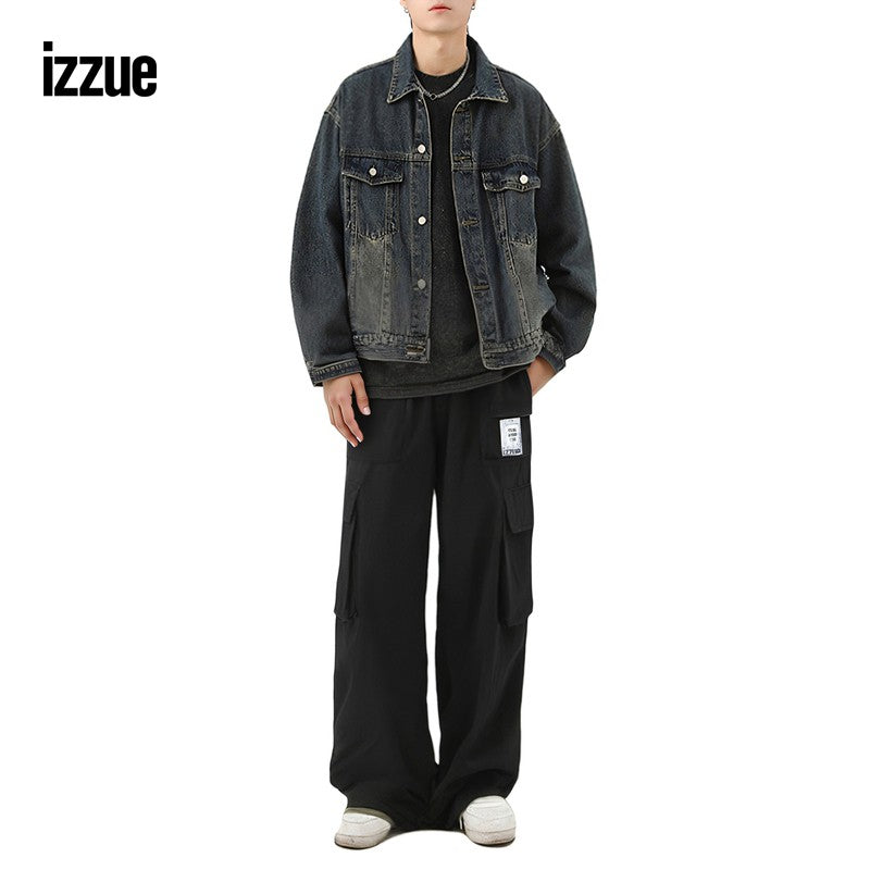 izzue men's overalls trousers 2024 winter new cool street loose straight pants casual pants