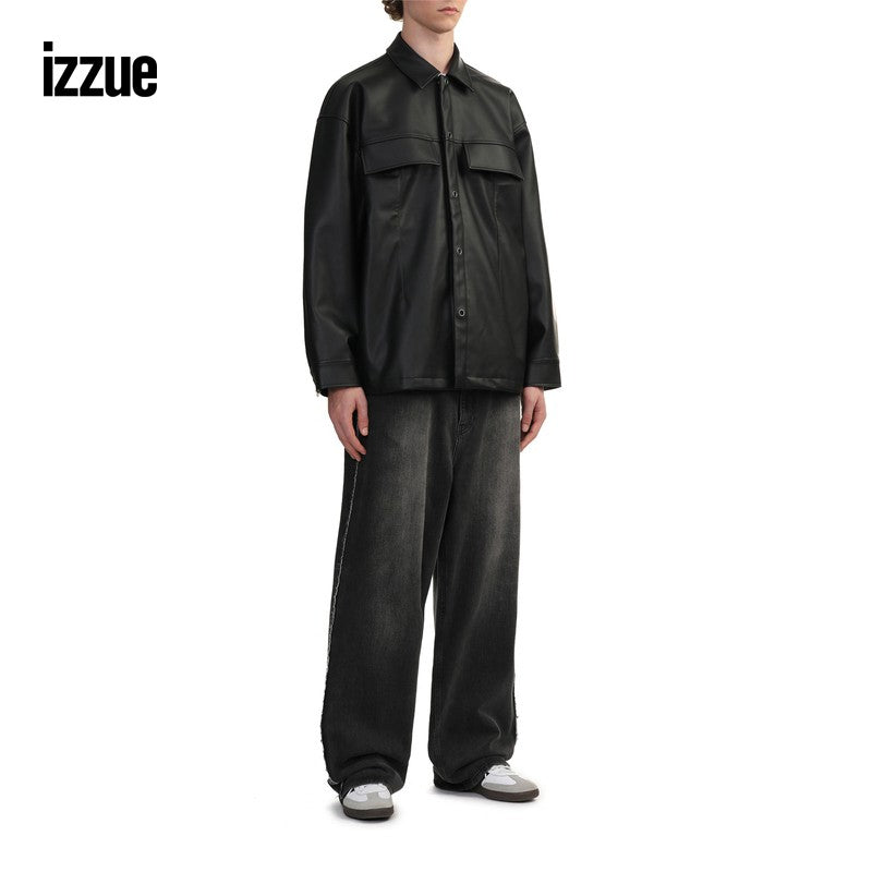 izzue men's leather lapel jacket 2024 autumn new style handsome trend PU leather jacket 7130F