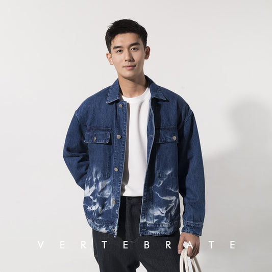 Vertebrate Men's Spring and Autumn Blue Denim Jacket Washed Tie-Dye Special Lapel Casual Jacket Youth