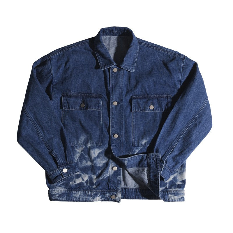 Vertebrate Men's Spring and Autumn Blue Denim Jacket Washed Tie-Dye Special Lapel Casual Jacket Youth