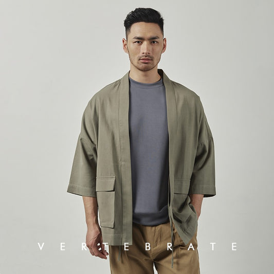 Vertebrate Men's Japanese-style open-front tie loose casual kimono jacket three-quarter sleeve Japanese style top mix and match