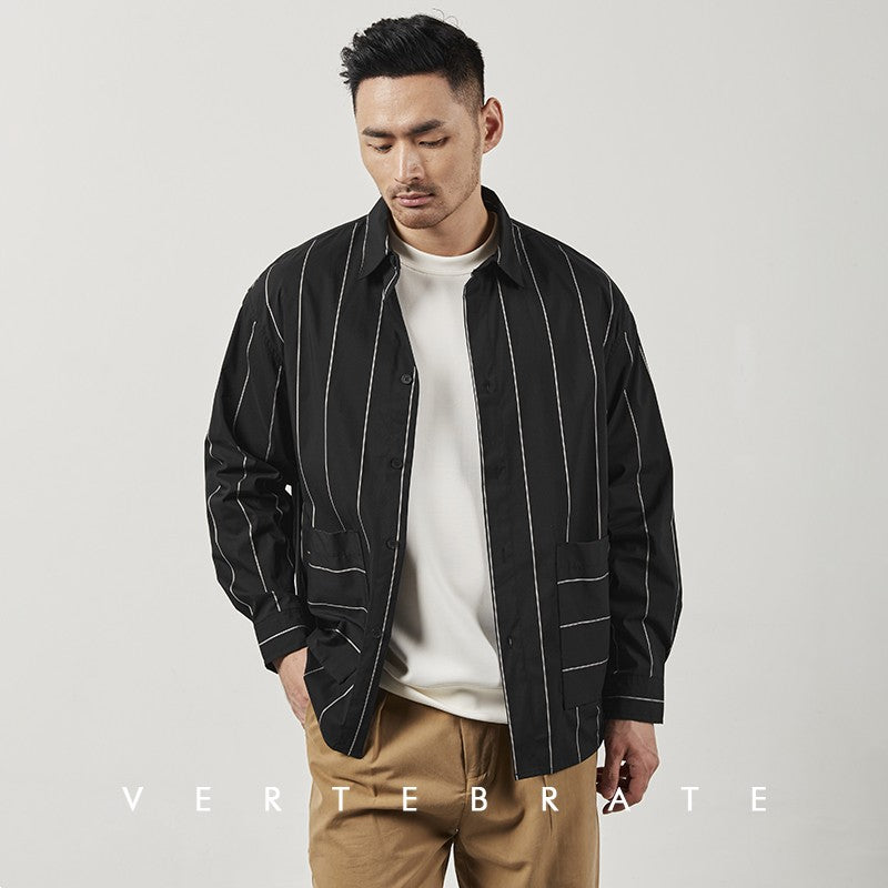 Vertebrate Men's Japanese Straight Style Casual Style Black and White Striped Shirt Style Small Jacket Spring