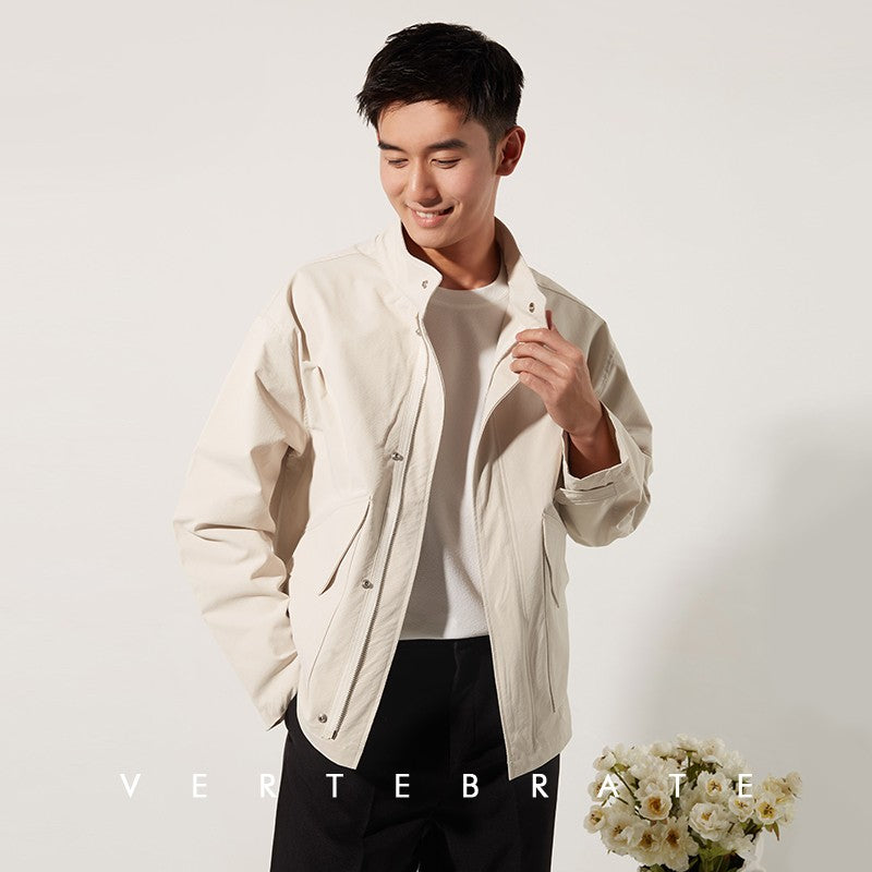 Vertebrate men's loose version Japanese casual small jacket spring and autumn thin jacket stand collar straight solid color youth