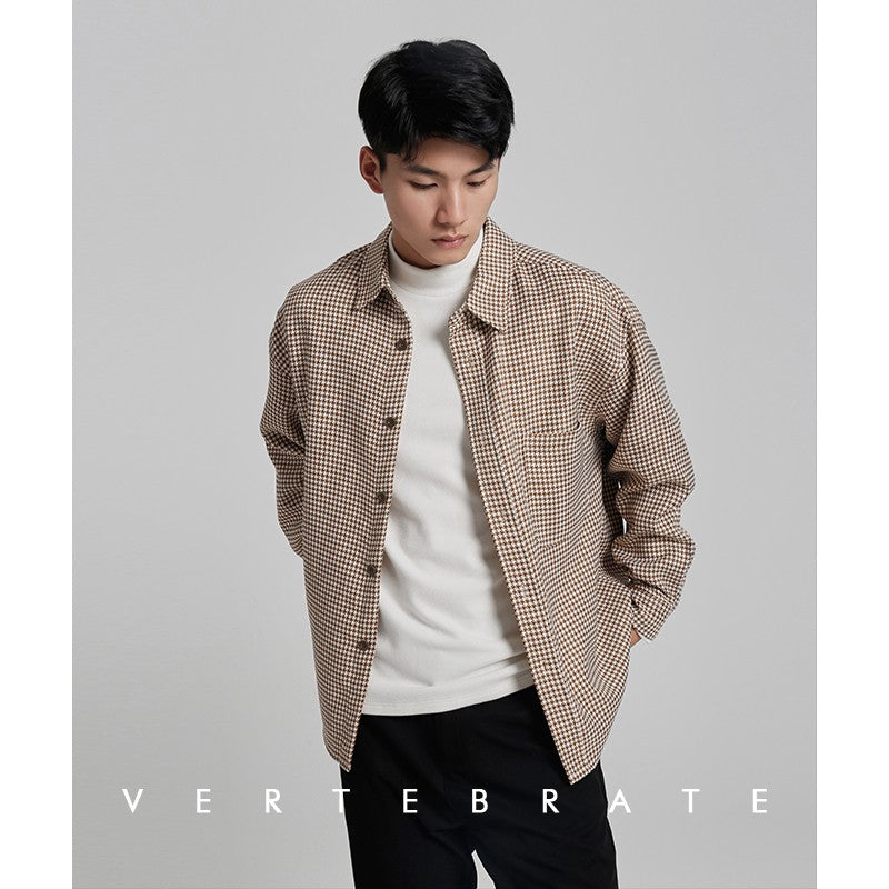 Vertebrate men's autumn and winter thickened fabric jacket shirt houndstooth black and white khaki loose outerwear