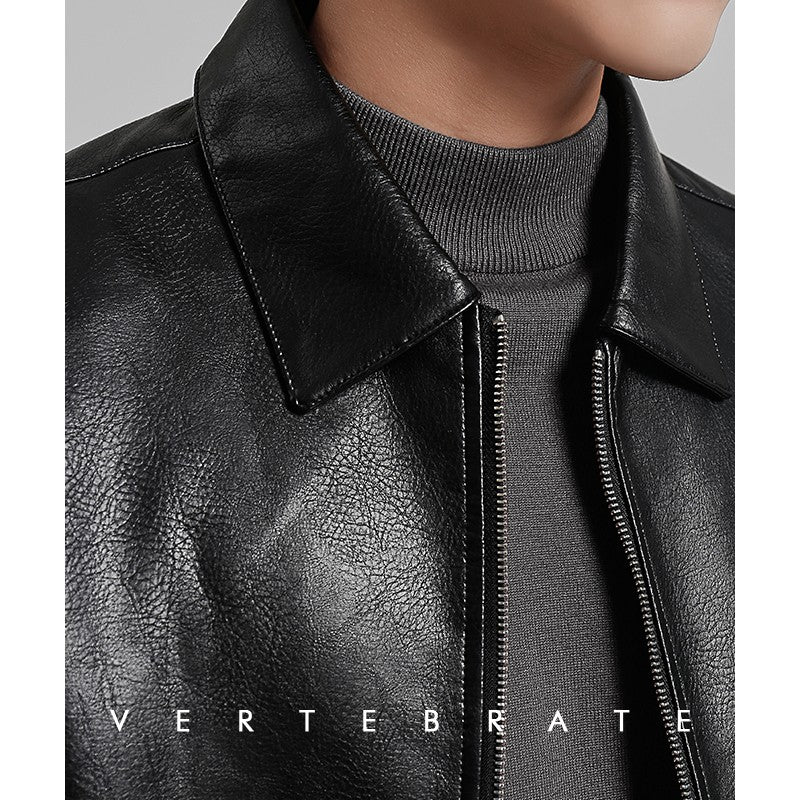 Vertebrate men's imitation leather PU loose short jacket leather black outline autumn and winter coat trendy men