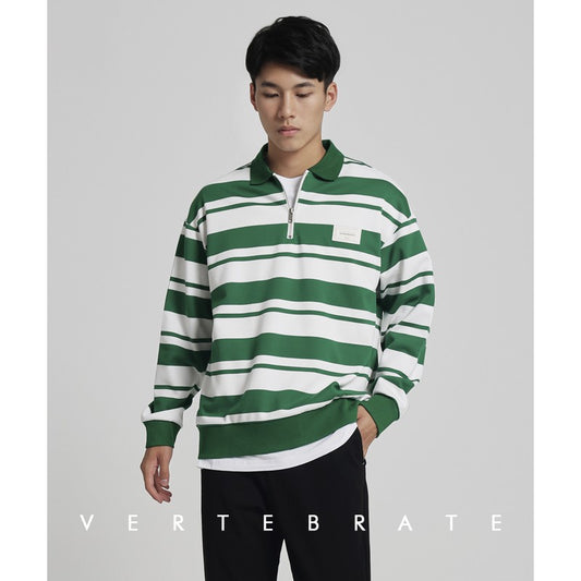 Vertebrate men's black and white green and white campus CITYBOY loose style autumn Korean striped long sleeve POLO