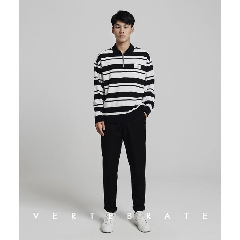 Vertebrate men's black and white green and white campus CITYBOY loose style autumn Korean striped long sleeve POLO