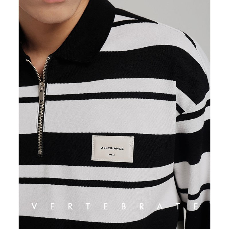 Vertebrate men's black and white green and white campus CITYBOY loose style autumn Korean striped long sleeve POLO