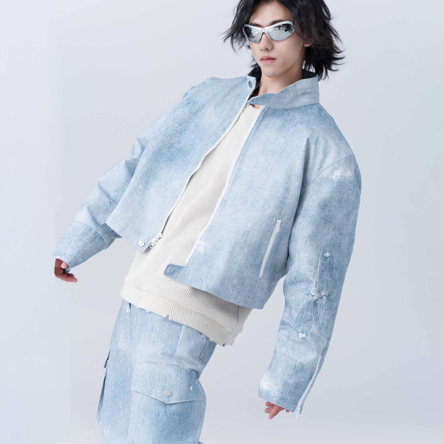 XEQUATION 24ssXeee autumn shoulder pad blue heavy wide pioneer jacket loose casual coat