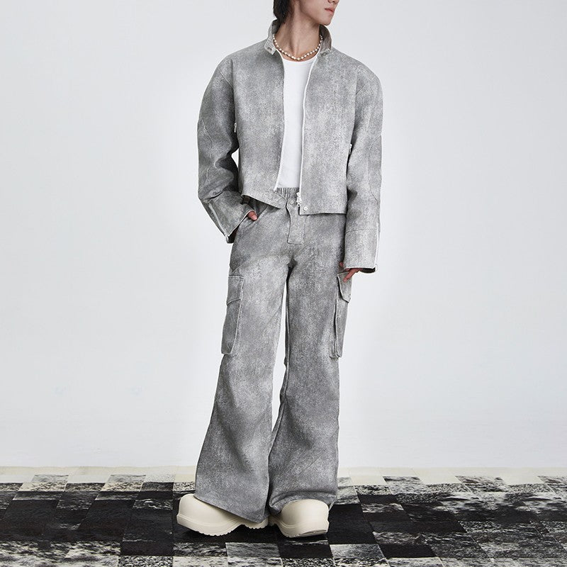 XEQUATION [Restatement] Cement ink dyed heavy cleanfit three-dimensional tailoring loose casual wide-leg trousers