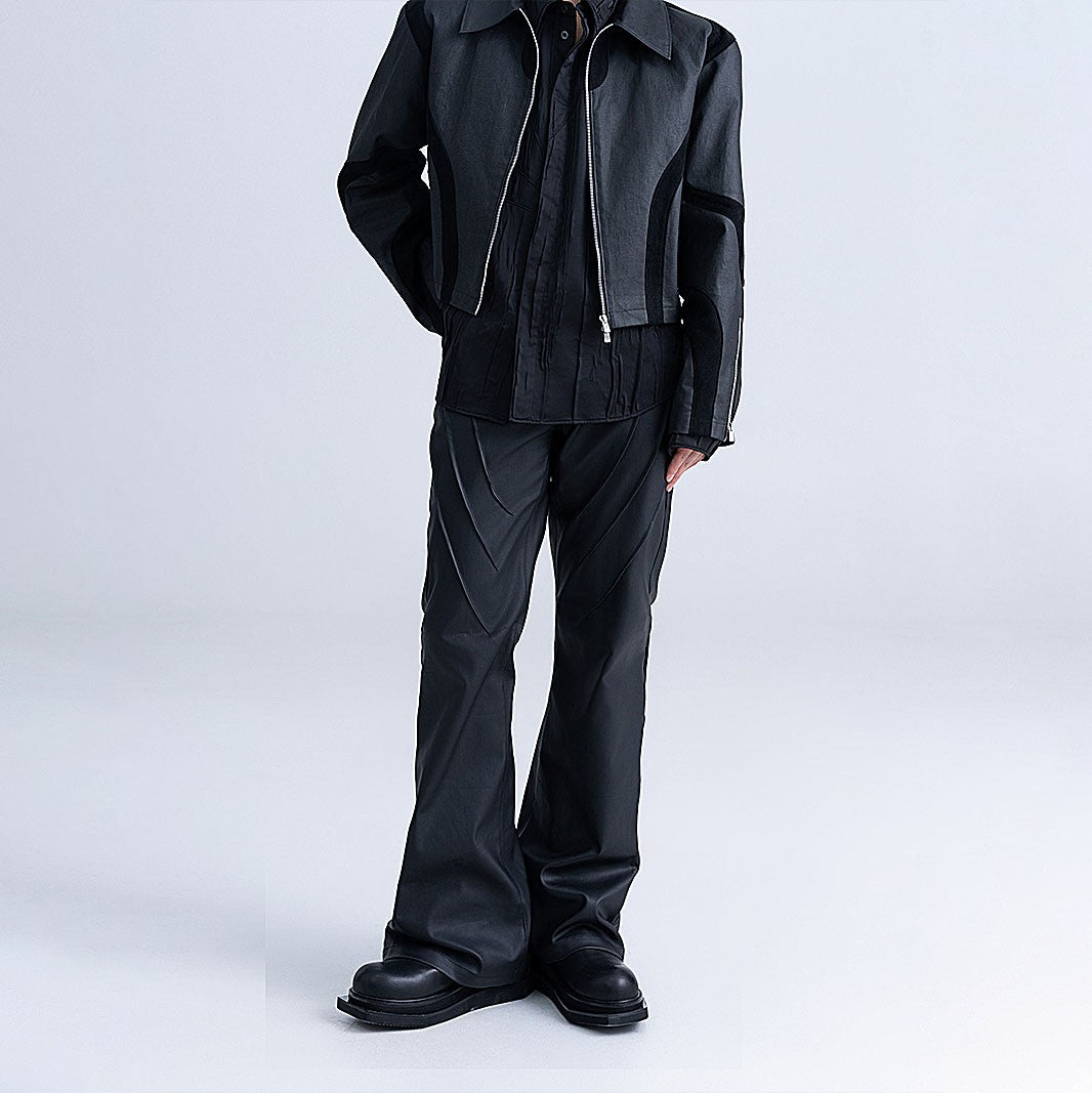 XEQUATION 24SS autumn coated waxed slim fit pleated dark pioneer all-match flared leather pants