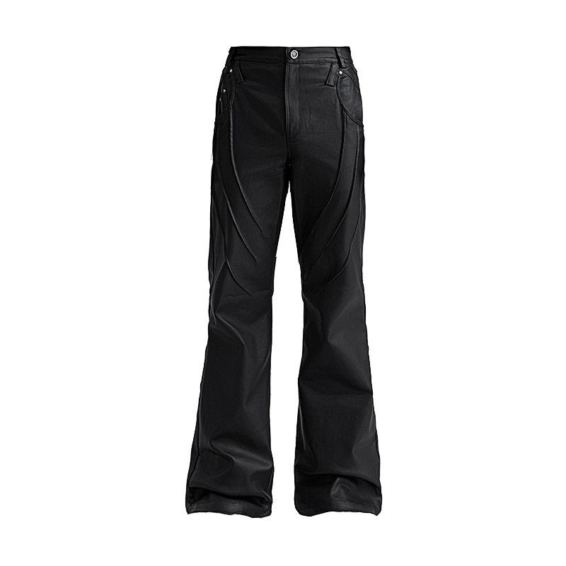 XEQUATION 24SS autumn coated waxed slim fit pleated dark pioneer all-match flared leather pants