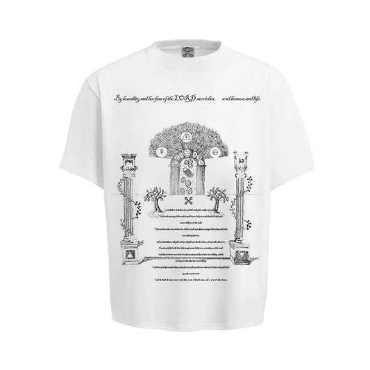 XEQUATION Summer Temple Road Printed Direct Injection High-density Sea Island Cotton Heavy Creative Round Neck Short Sleeve T-shirt