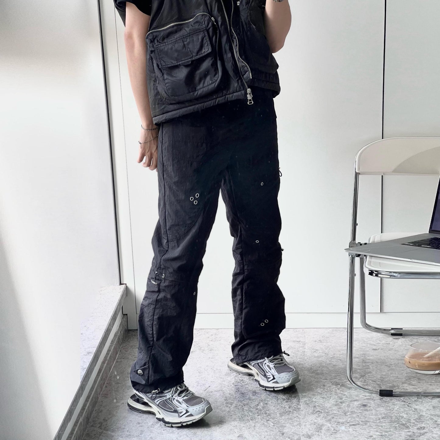 XEQUATION straight overalls functional style stitching original design trousers can be slightly flared black vibe dark