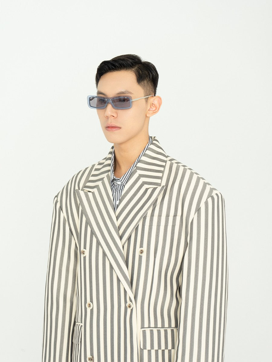 CLP worsted striped large silhouette padded shoulder double-breasted suit jacket loose retro stiff and fashionable suit