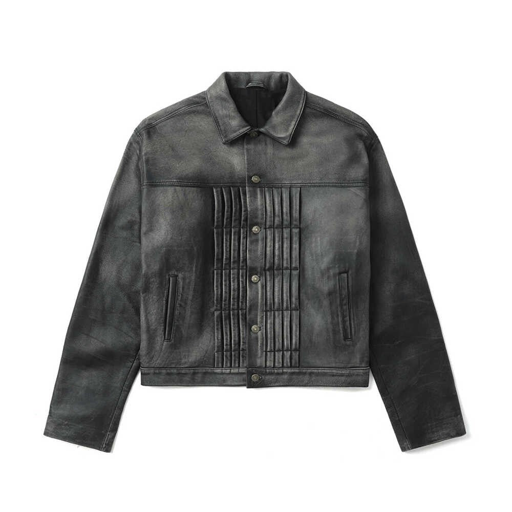 TrendMaybe&quot;Retro modern&quot; distressed leather jacket, denim style, knife pleated cowhide jacket, short coat