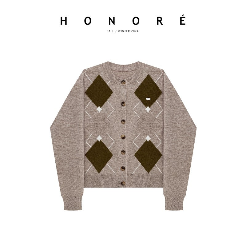 HONORE Gu Yue Coc*crush diamond pattern 100 sheep wool delicate texture retro pullover sweater cardigan