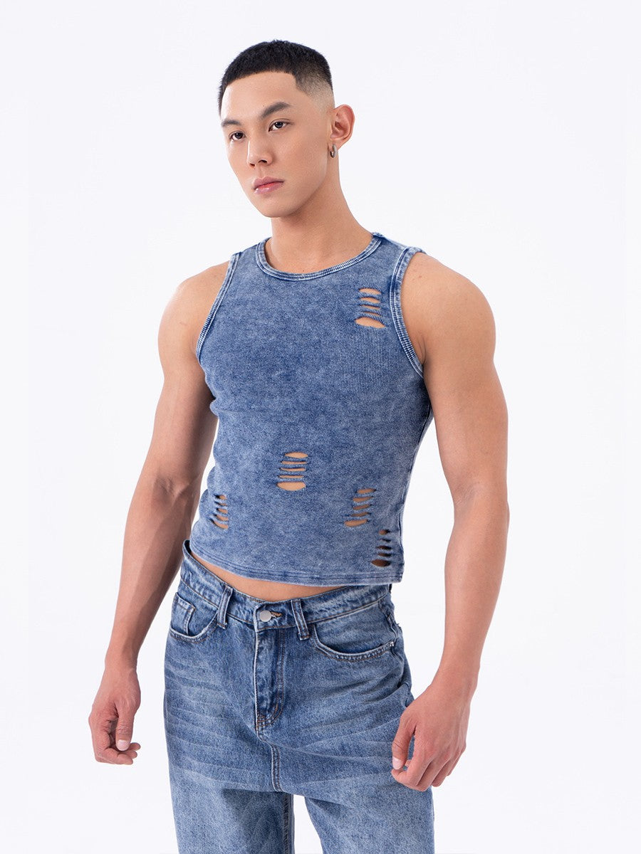 CLP blue and black scratched holes slim fit sports stretch vest men's tight short retro distressed bottoming shirt