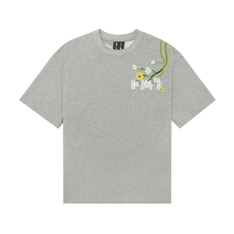 MEDM climbing wall flower daisy embroidered short-sleeved T-shirt men's summer trendy American hip-hop loose casual T-shirt