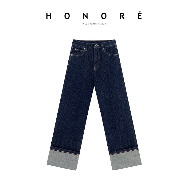 HONORE Guyue Heavy Industry original color red ear-shaped curled hem two-way wear retro layered versatile jeans