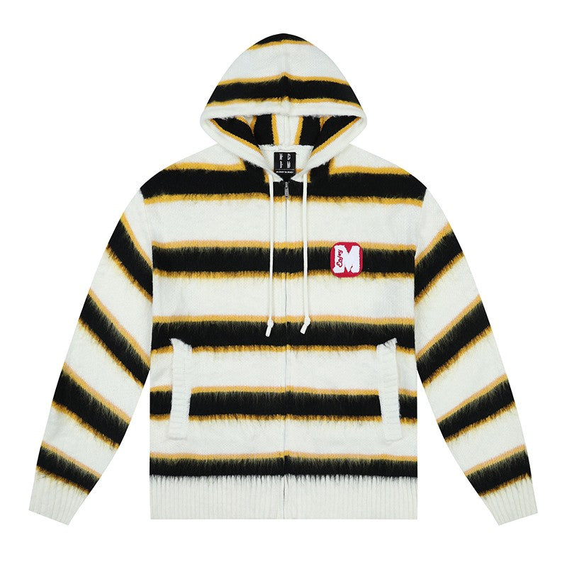 Medm three -color striped horse -haired hooded knitted cardigan sweater, men and women, autumn couple winter jackets