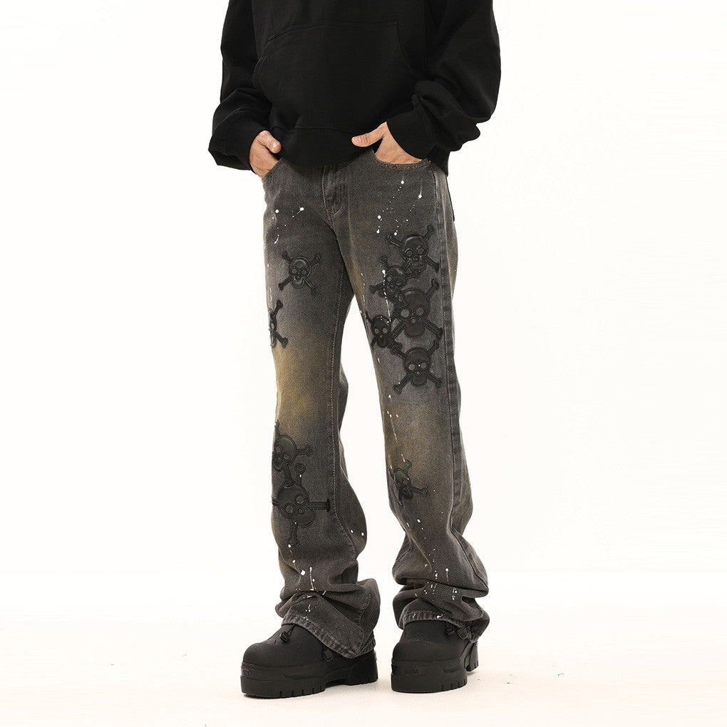 BTSG American retro high street leather embroidery ink-splashed jeans niche hip-hop advanced stacked flared trousers