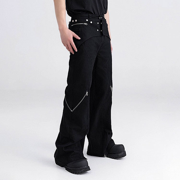 XEQUATION 24SS autumn deconstructed stitching gray and white washed detachable zipper flared wide-leg trousers