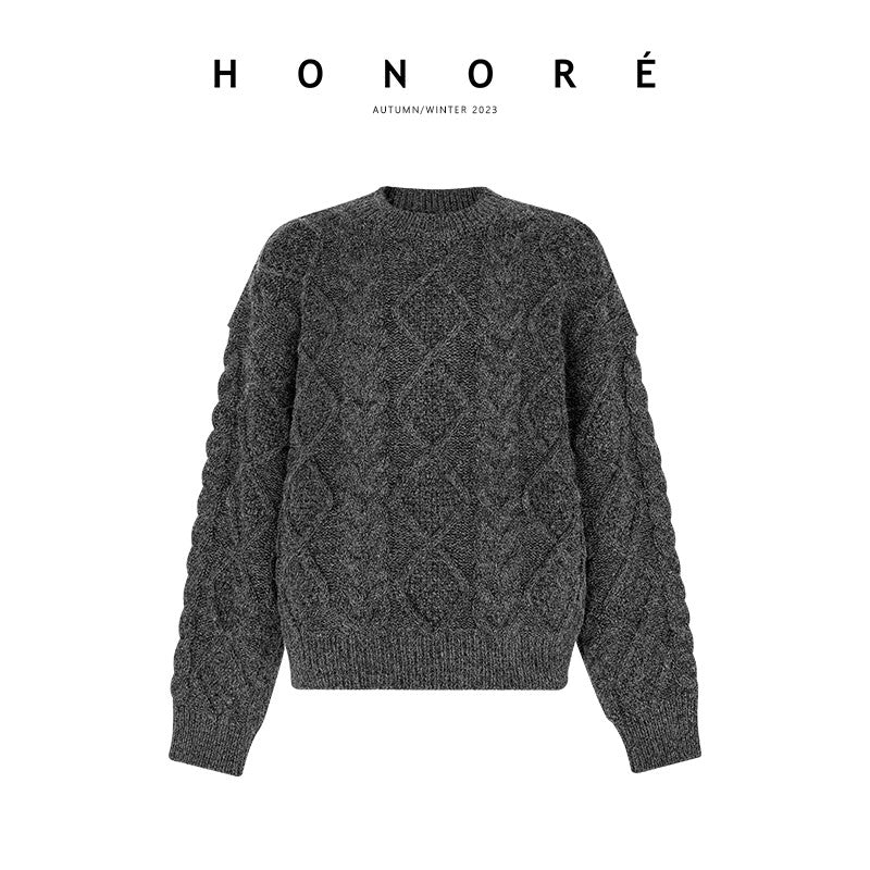 HONORE Gu Yue Free full score lazy G heavy wool cable sweater coarse knitted autumn and winter pullover knitting