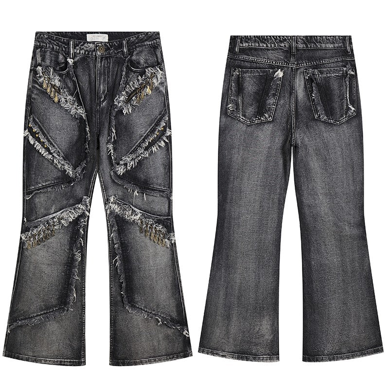 DND4DES American street retro deconstructed pull-on head heavy washed distressed tassel straight jeans