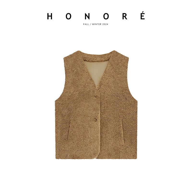 HONORE Gu Yue practical layered Teddy grain environmentally friendly leather retro warm slim fit versatile loose vest