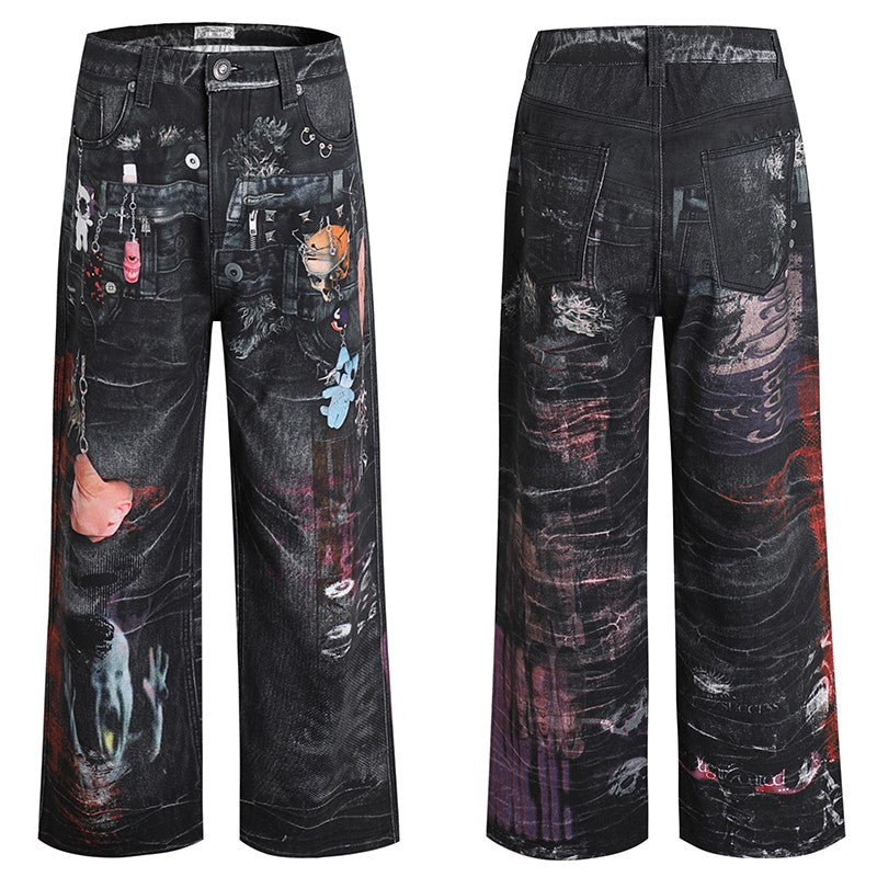 DND4DES original niche design dark style cartoon print pants double waist flared straight jeans