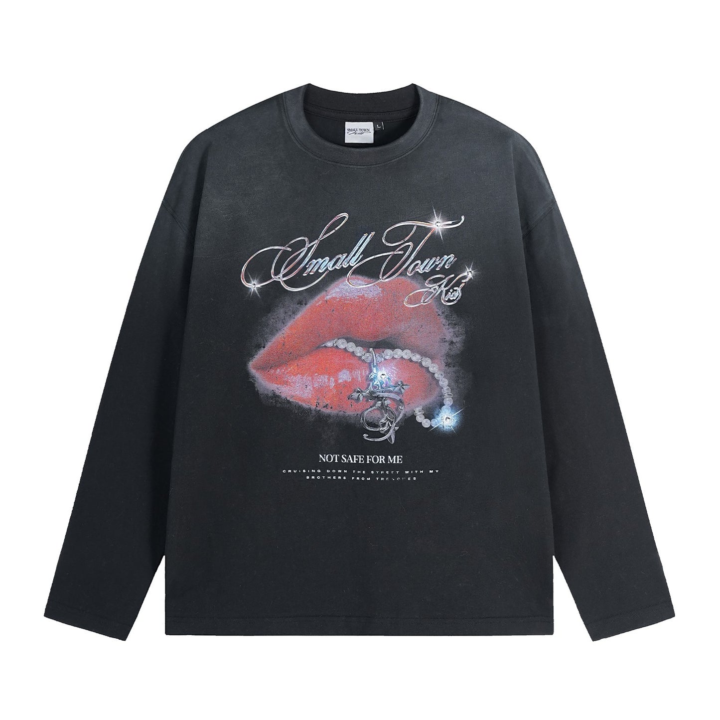 STK SmallTownKid Dirty Wash Diamond Lips Long Sleeve TEE American Retro Old Fashion Spring and Summer T-shirt