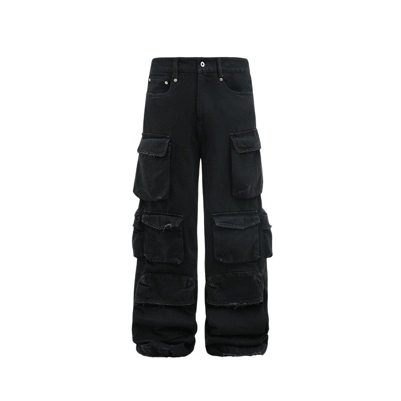 ANTIDOTE Black Cow Fermentation Washed Multi-Pocket Overalls Loose Damaged Straight Pants National Trend American Casual Pants