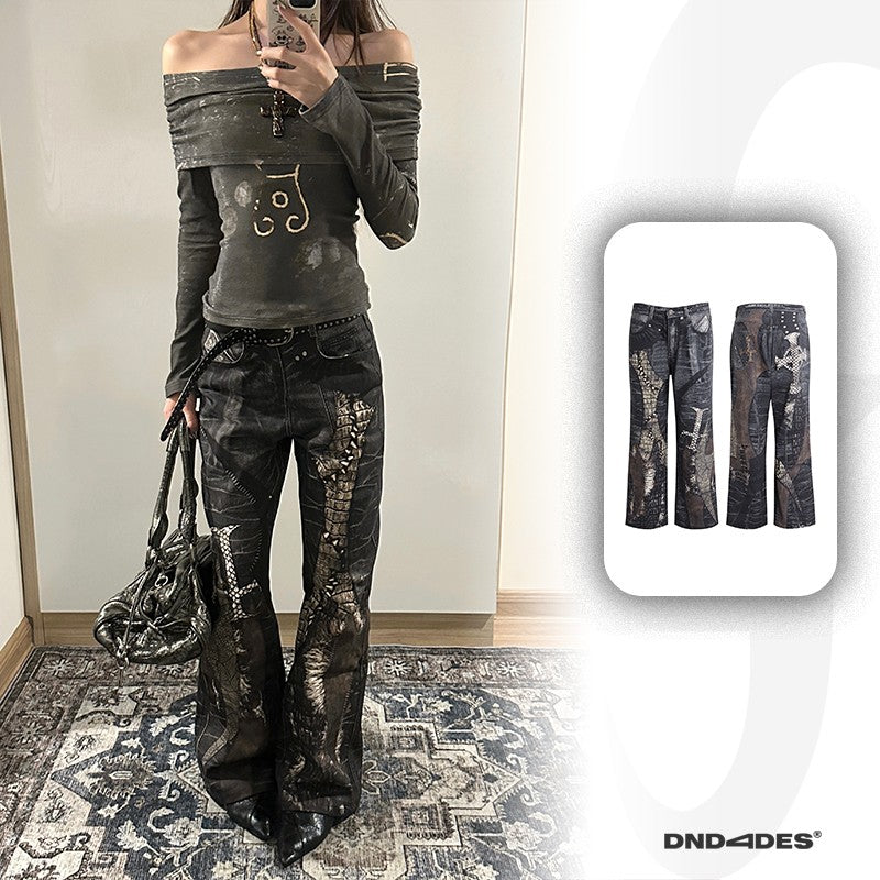 DND4DES 24AW original niche design digital printing full print cross stitching python leather flared straight pants