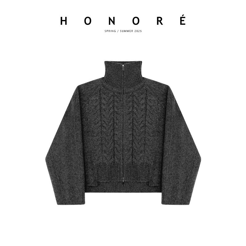 HONORE Gu Yuexin Vintage Wool + Tweed Splicing Cable-knit Wide-sleeved Needle Jacket