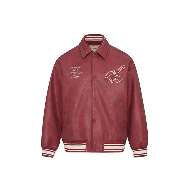 CHINISM Red Dust Rock Pattern Lapel Leather Jacket Men's Spring American Leather Jacket Men's Baseball Jacket Red Jacket