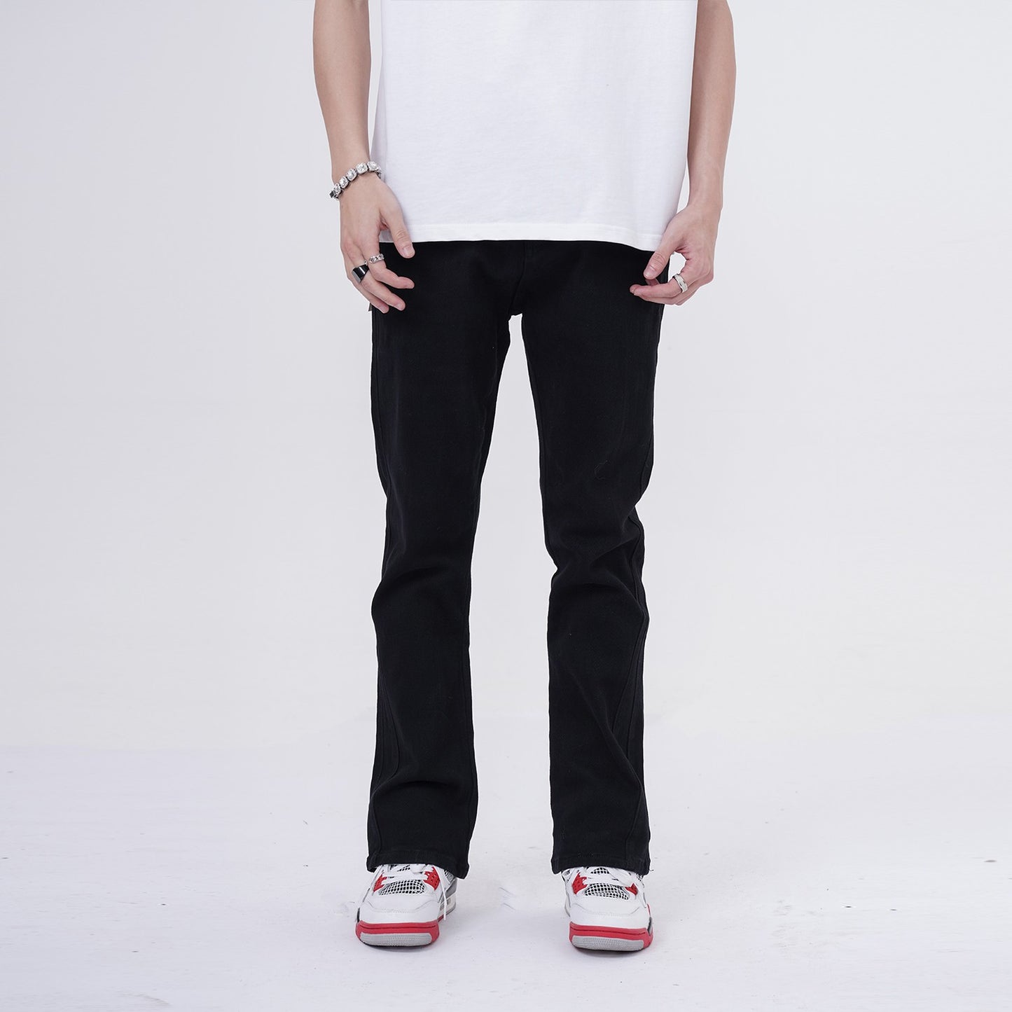 MT99 Retro high street black flared slim jeans trendy street elastic casual drooping pants for men